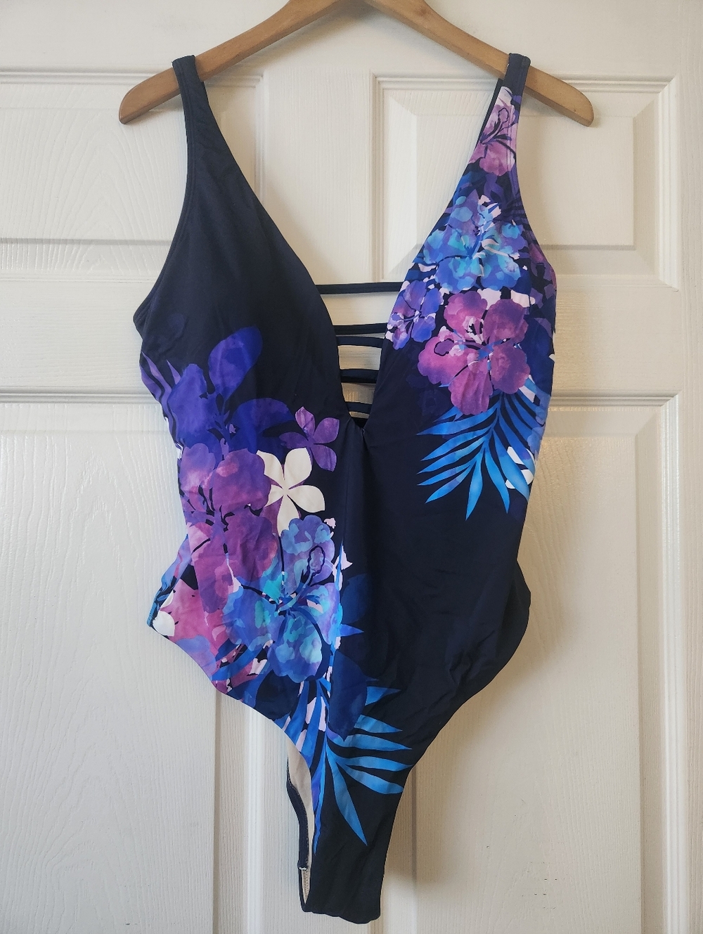 NWT Women's Swimsuits For All Navy Floral One-Piece Purple & Blue Print - 14